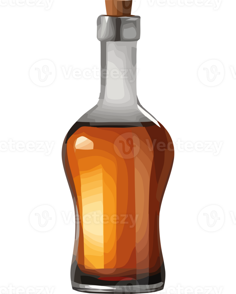A bottle of whiskey with a wooden stopper png