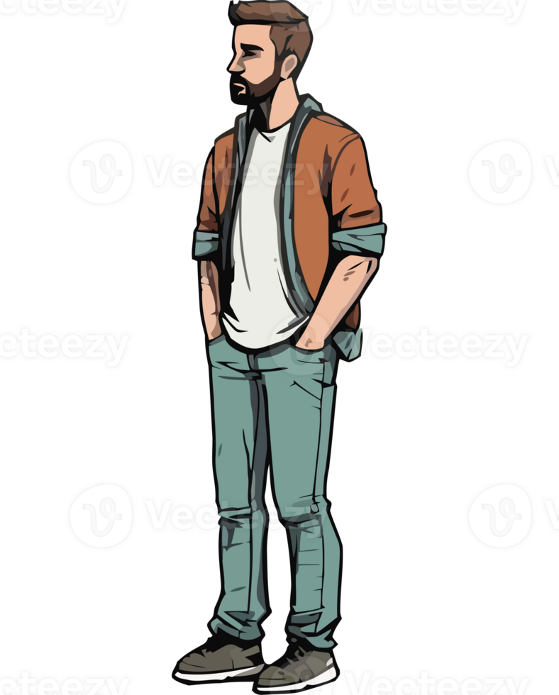 A cartoon man with a beard and jeans png