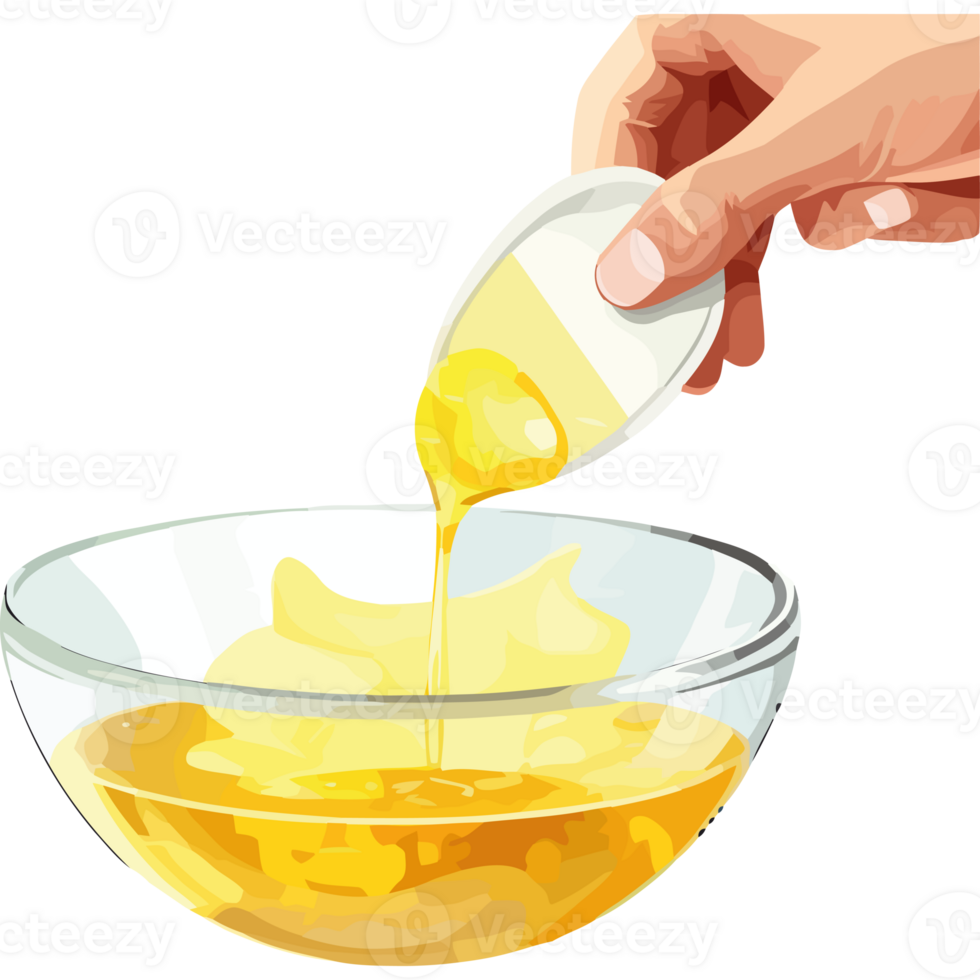 Hand pouring oil into a bowl of yellow liquid png
