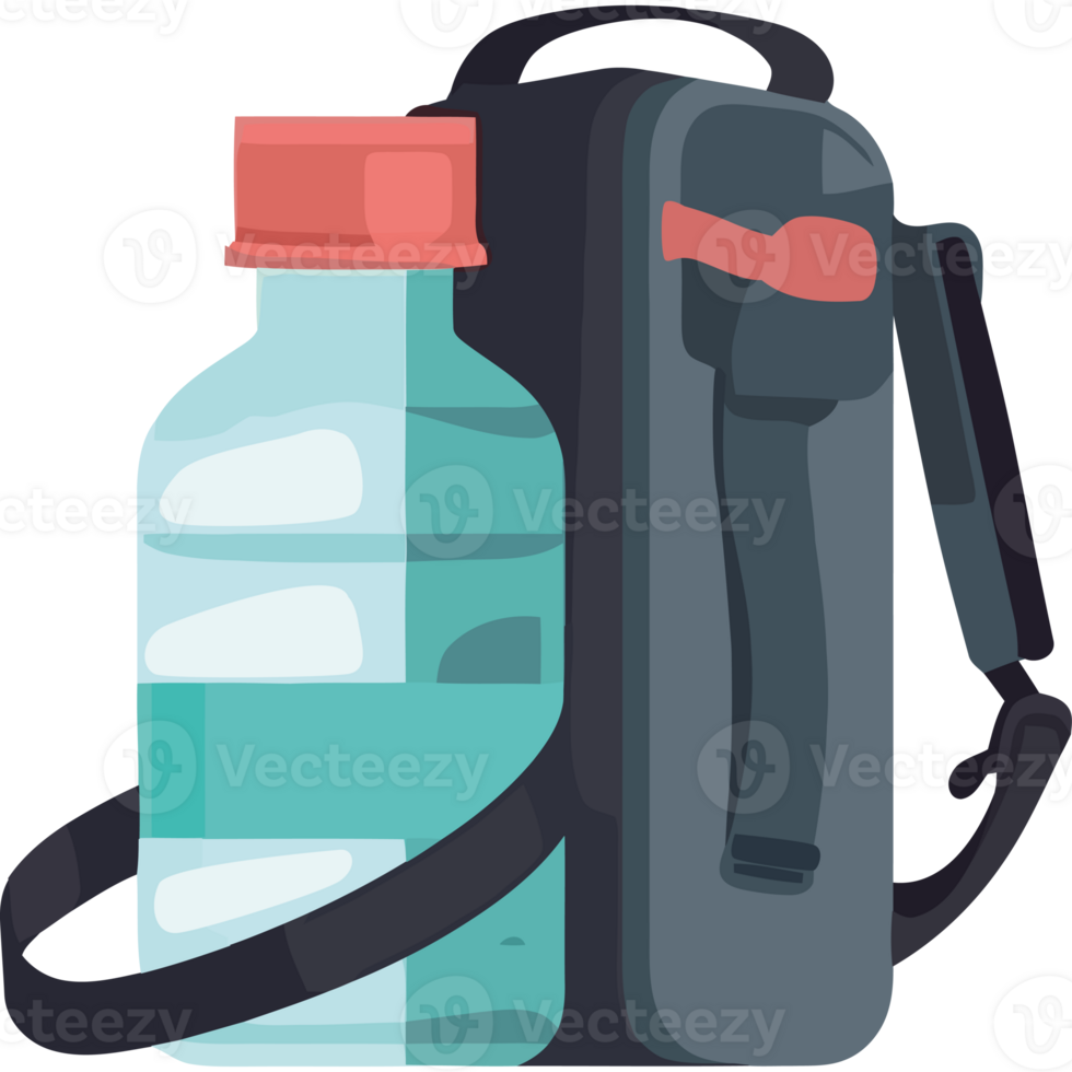 A backpack and a water bottle png