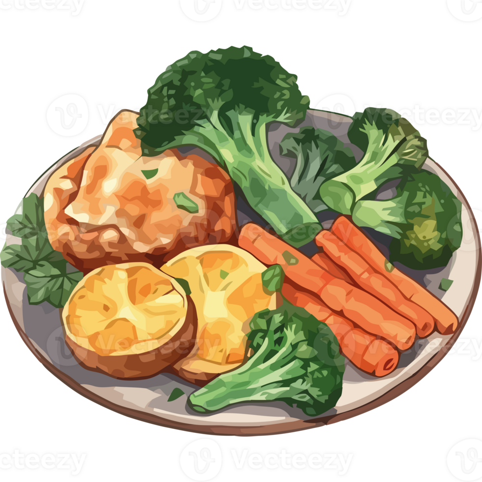 A plate of vegetables and chicken on a table png