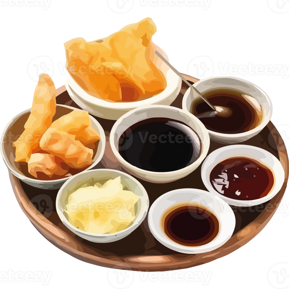 A plate with various dipping sauces and chips png