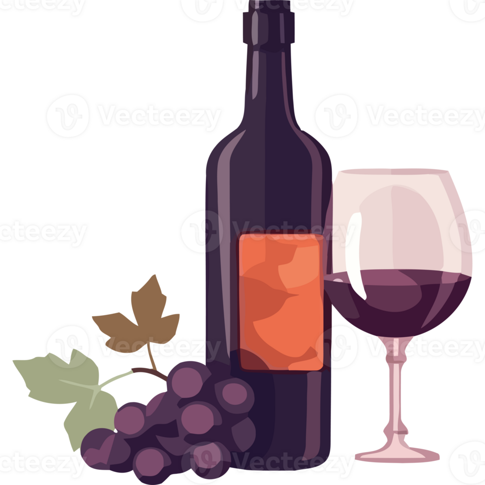 Wine bottle and glass with grapes png