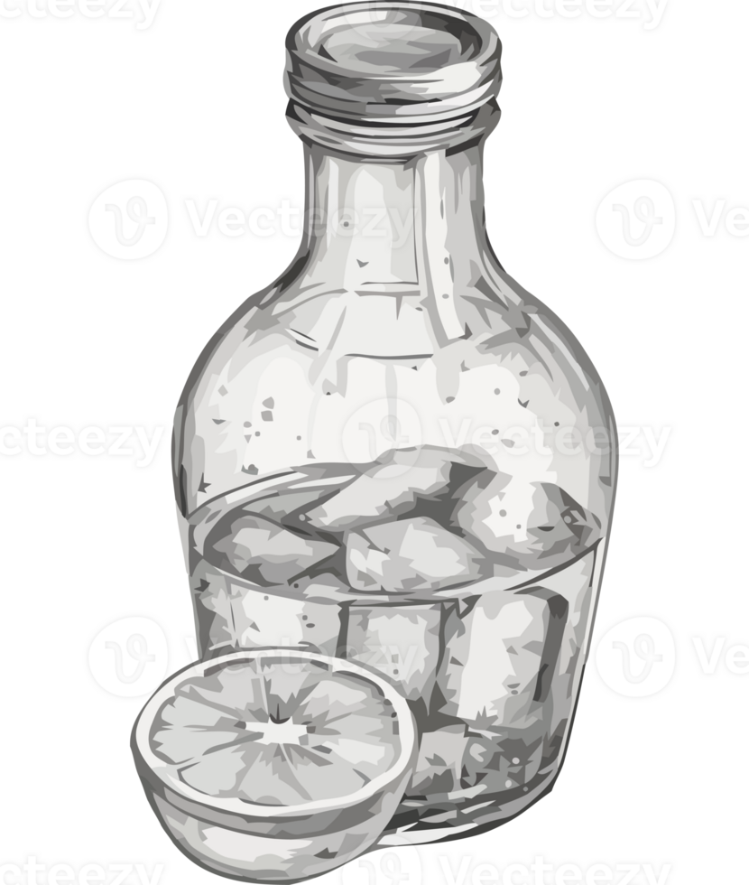 A glass bottle with ice and lemon slices png