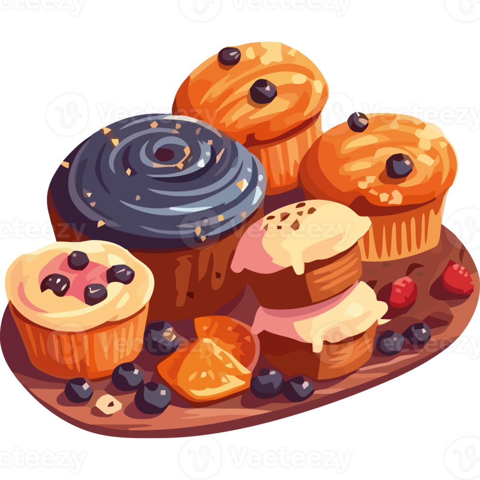 A plate with various types of cupcakes and other desserts png