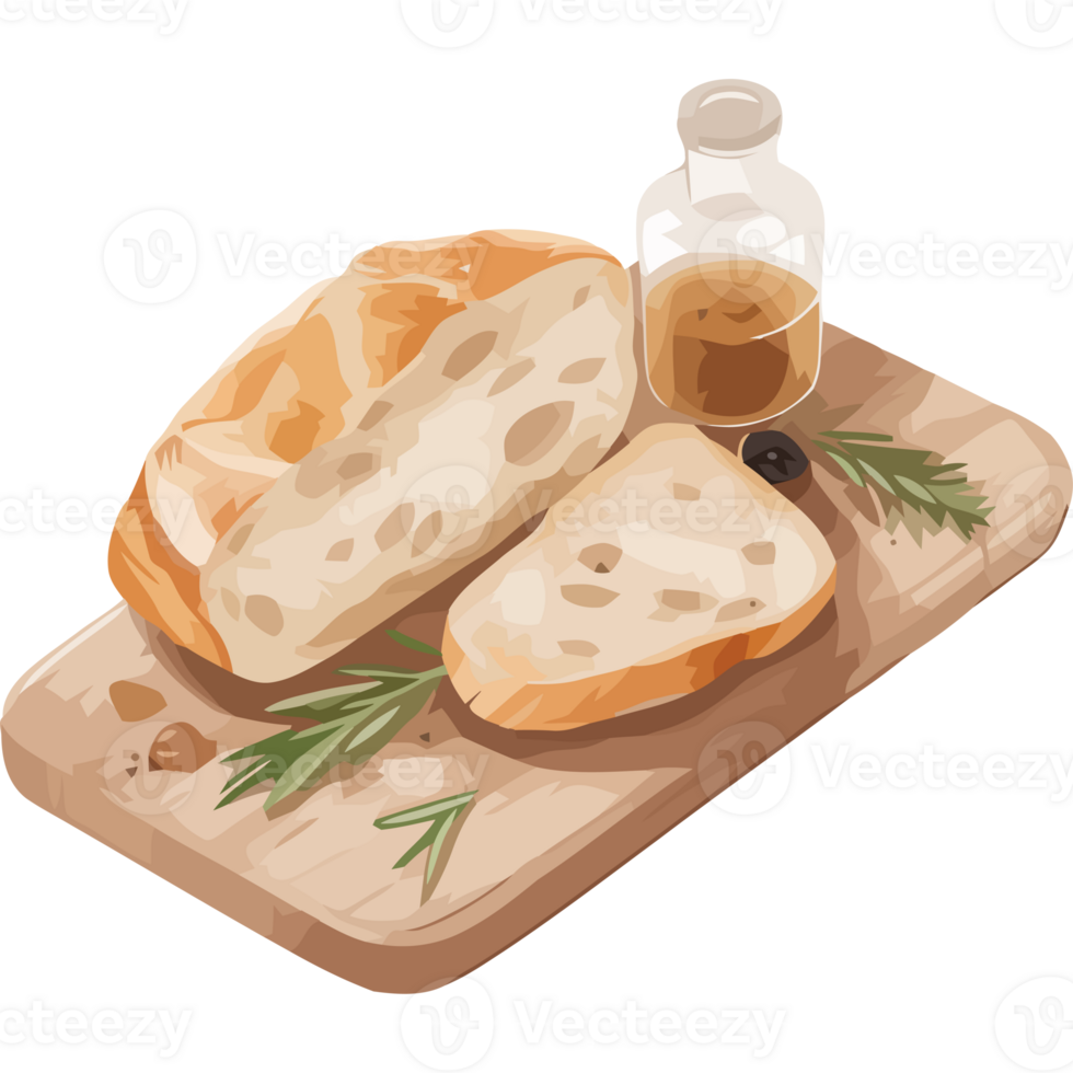 Bread and olive oil on a cutting board png