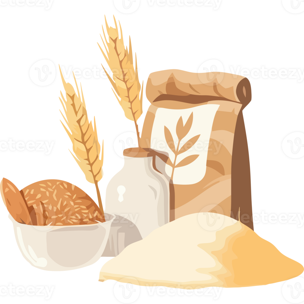 A bag of flour, a bowl of wheat, and a loaf of bread png