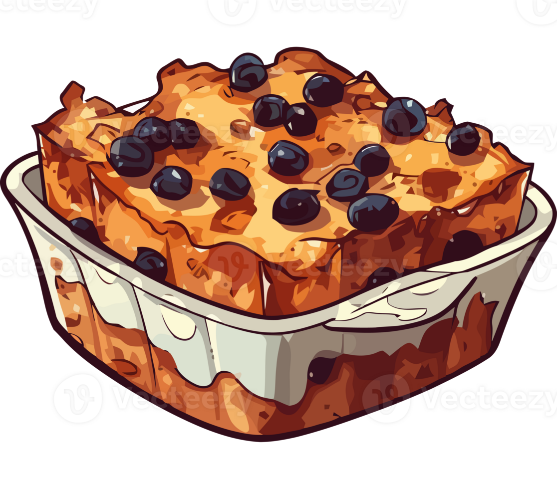 A cartoon image of a dish of blueberry bread pudding png