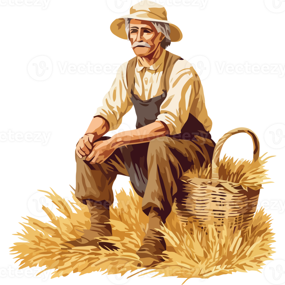 An old farmer sitting in a field with a basket of wheat png