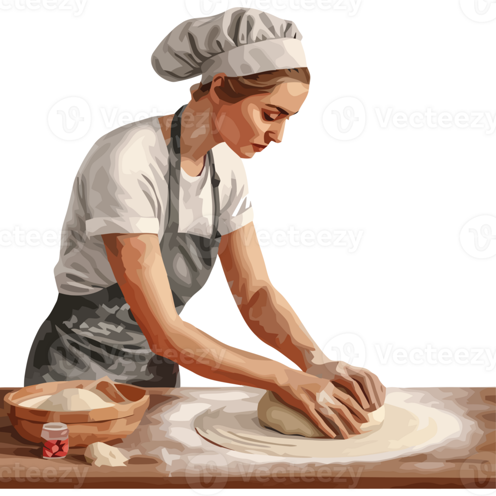 A woman in a chef hat kneading dough png