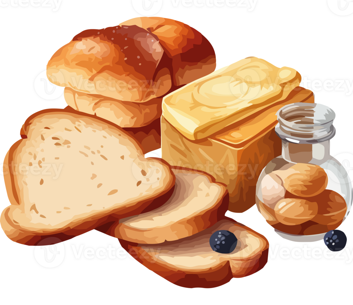 Bread, butter and jam on a black background png