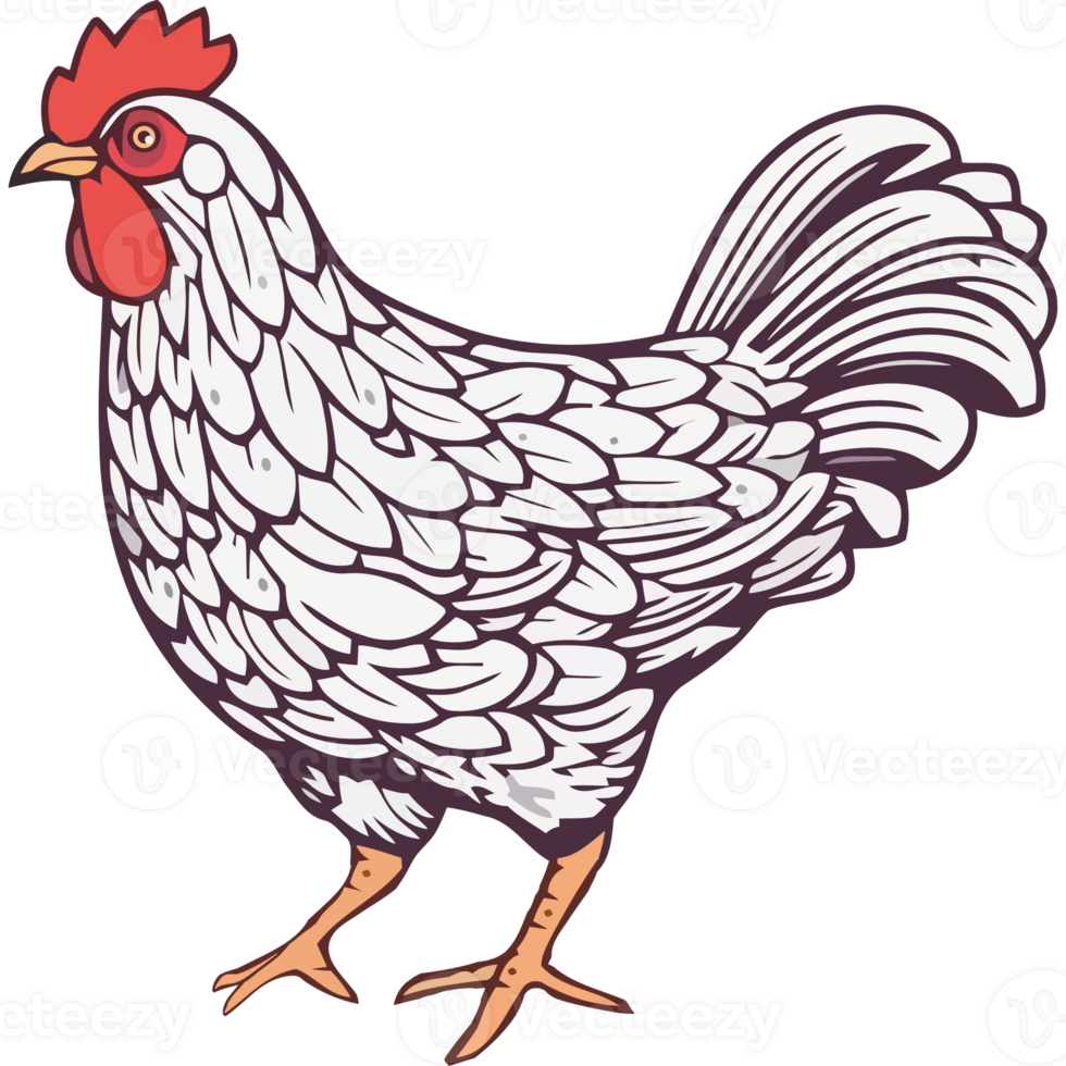 A white chicken with red feathers standing on a black background png