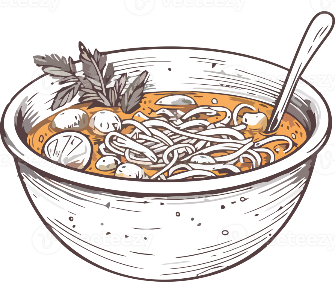 A bowl of noodles with a spoon in it png