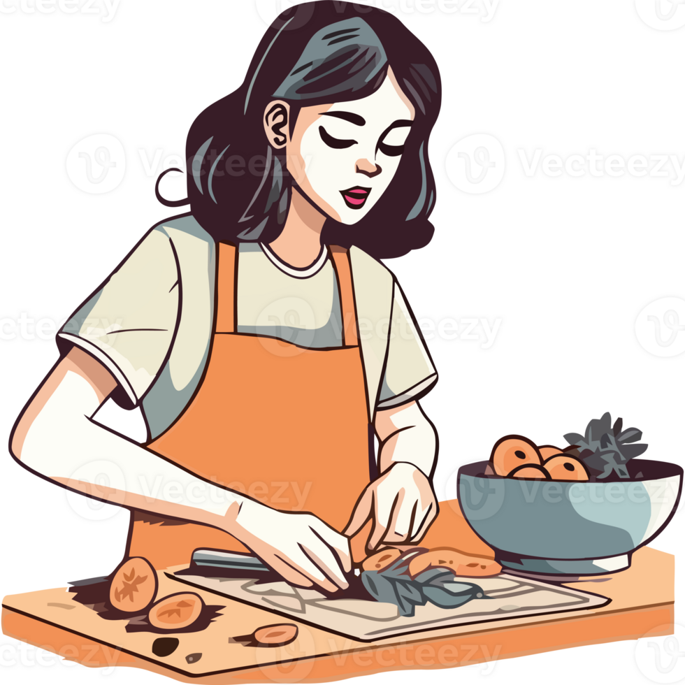 A woman in an apron is chopping vegetables png