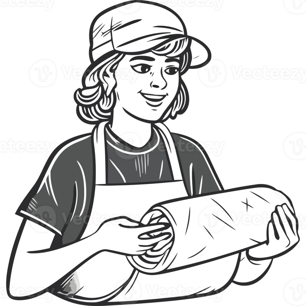 A woman in an apron holding a roll of paper png