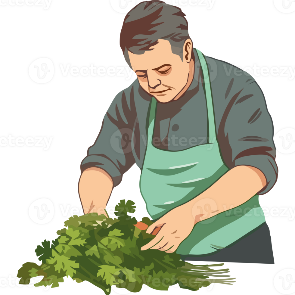 An illustration of a man cutting parsley png
