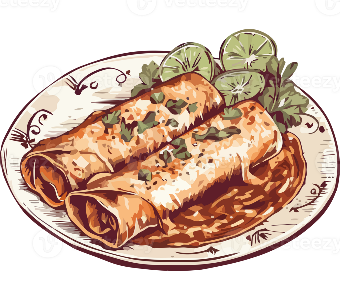 A drawing of two burritos with sauce and lime png