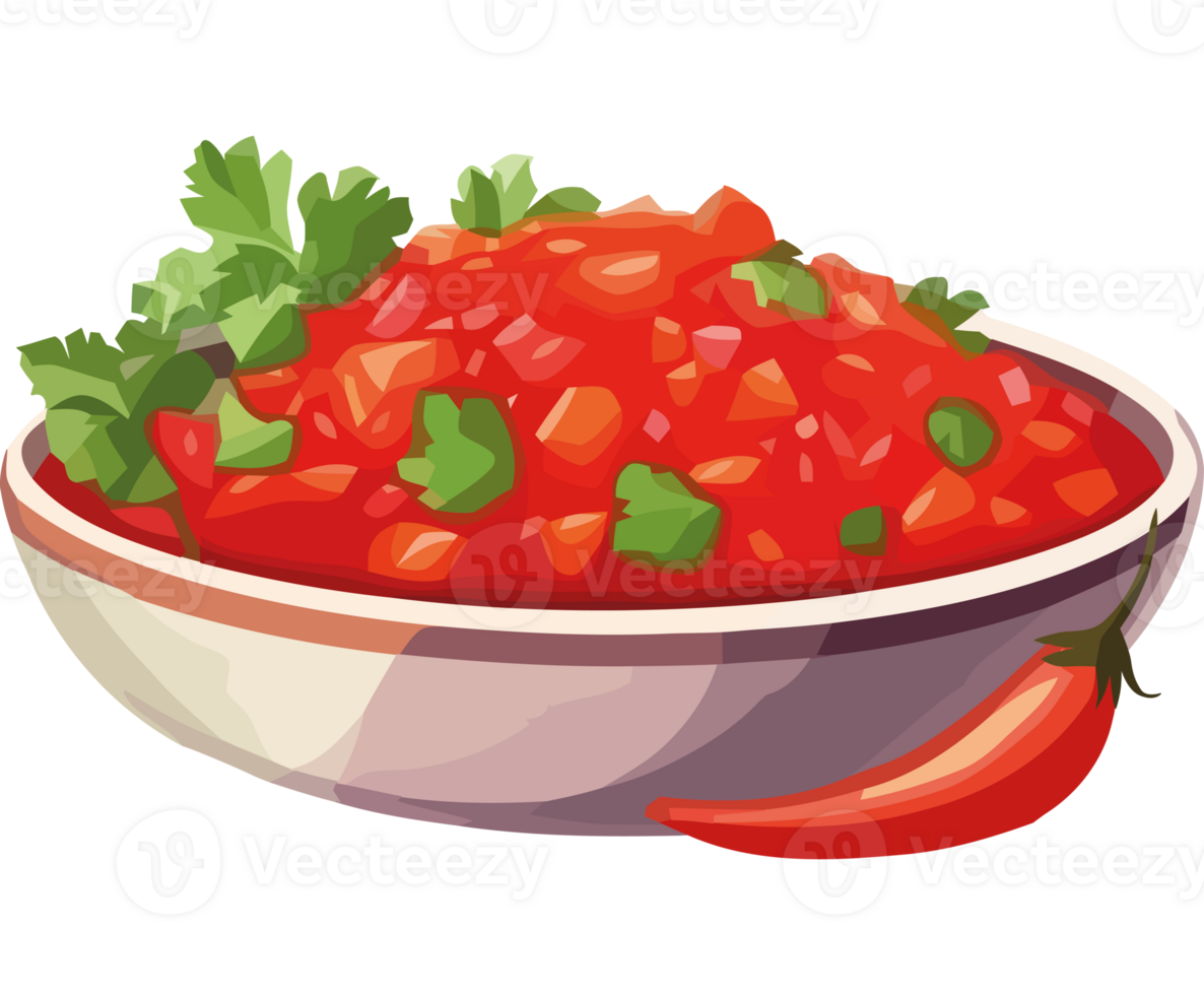 A bowl of salsa with cilantro and chili png