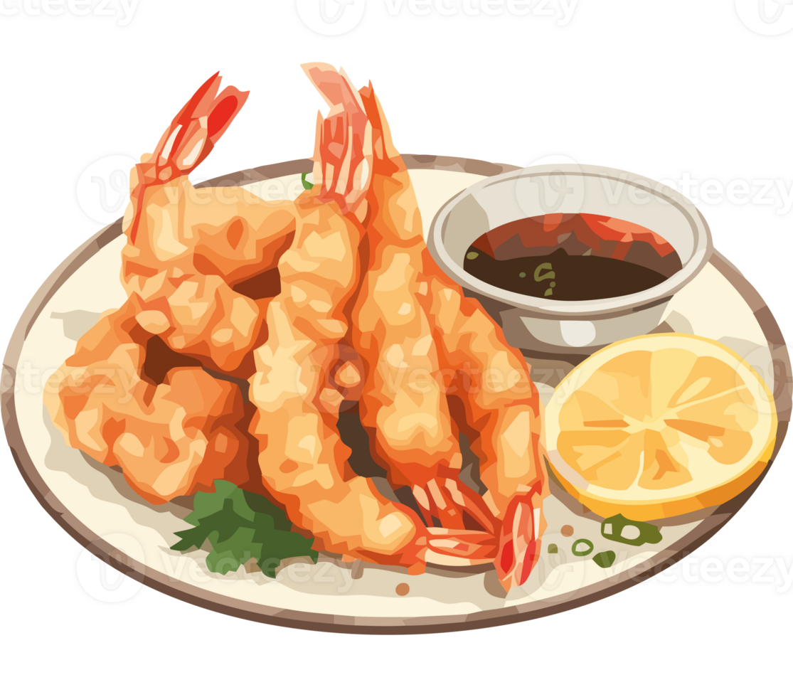 A plate with fried shrimp and sauce png