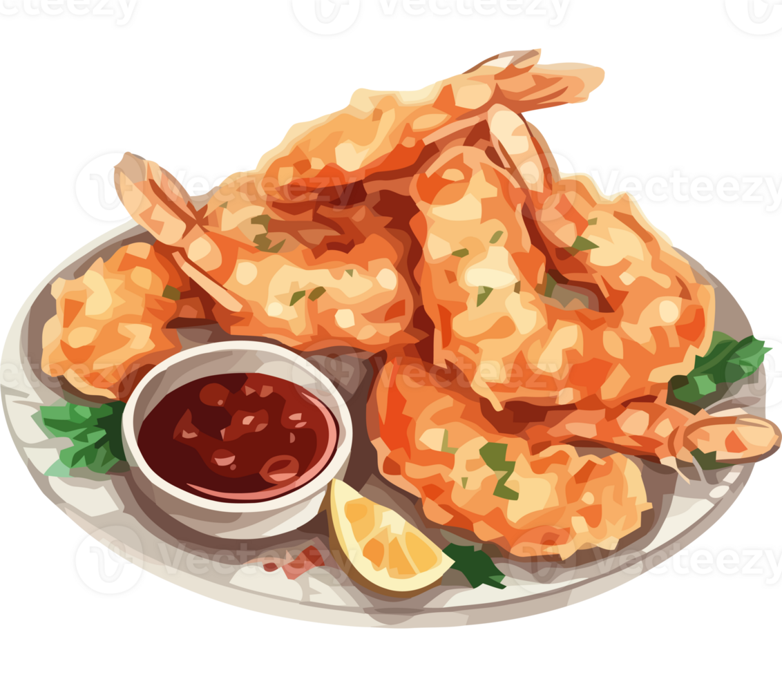 A plate of fried shrimp with dipping sauce png