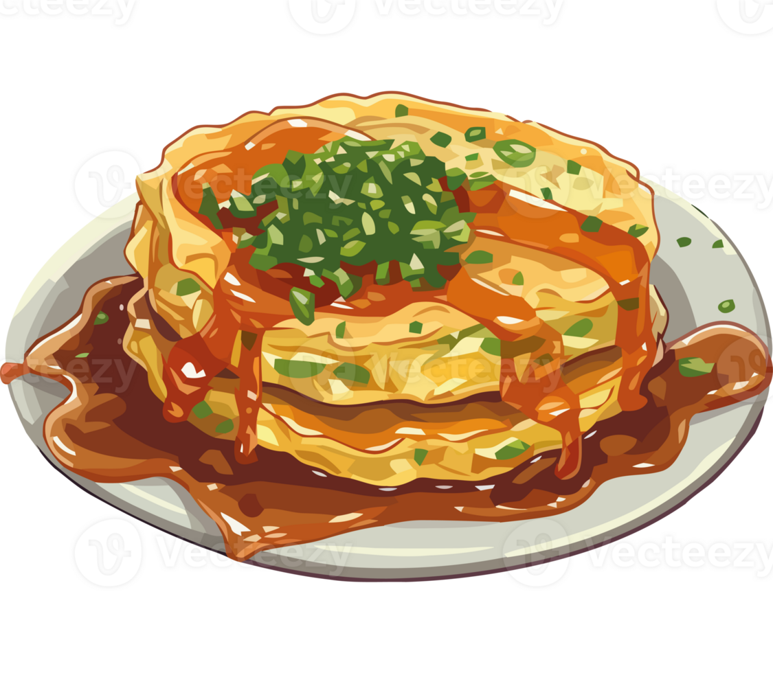 A plate of pancakes with sauce and green onions png