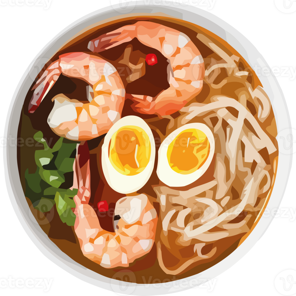 A bowl of ramen with shrimp and eggs png
