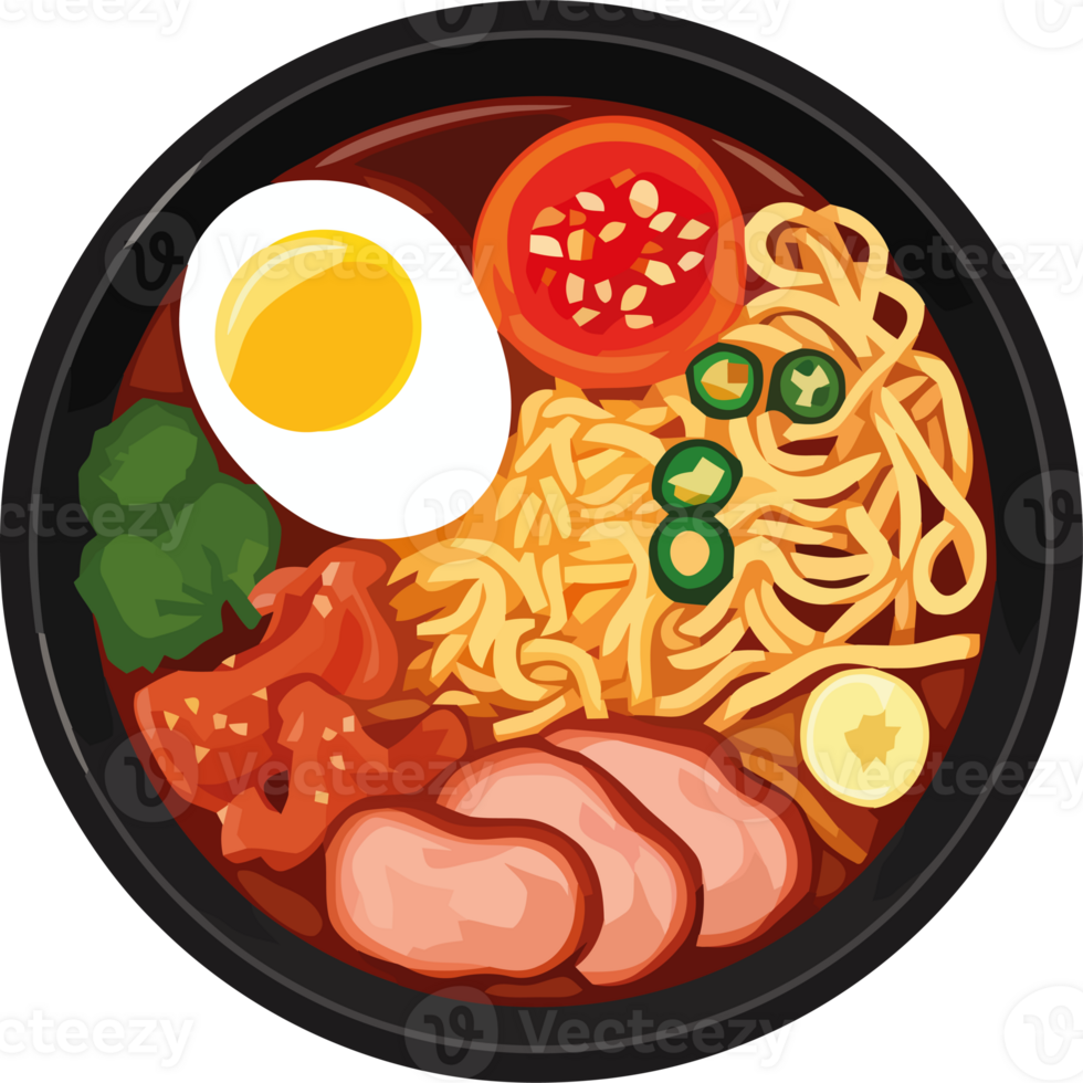 A plate with noodles, meat, eggs and an egg png