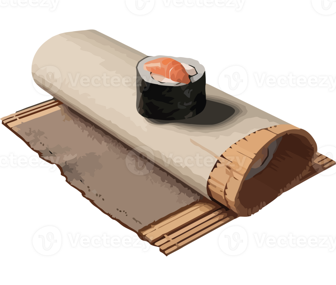 Sushi roll on a bamboo roll with a piece of sushi png