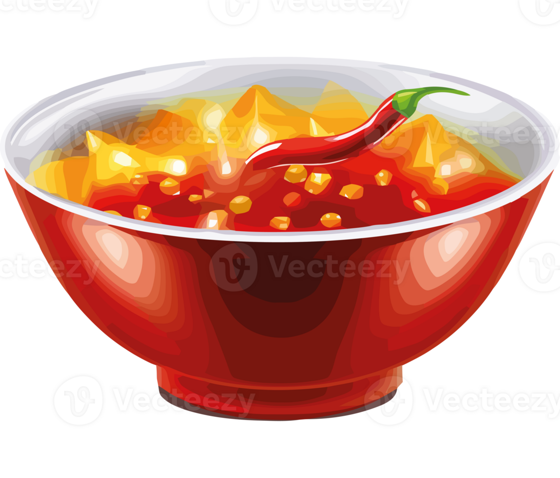 A bowl of chili with a chili pepper in it png