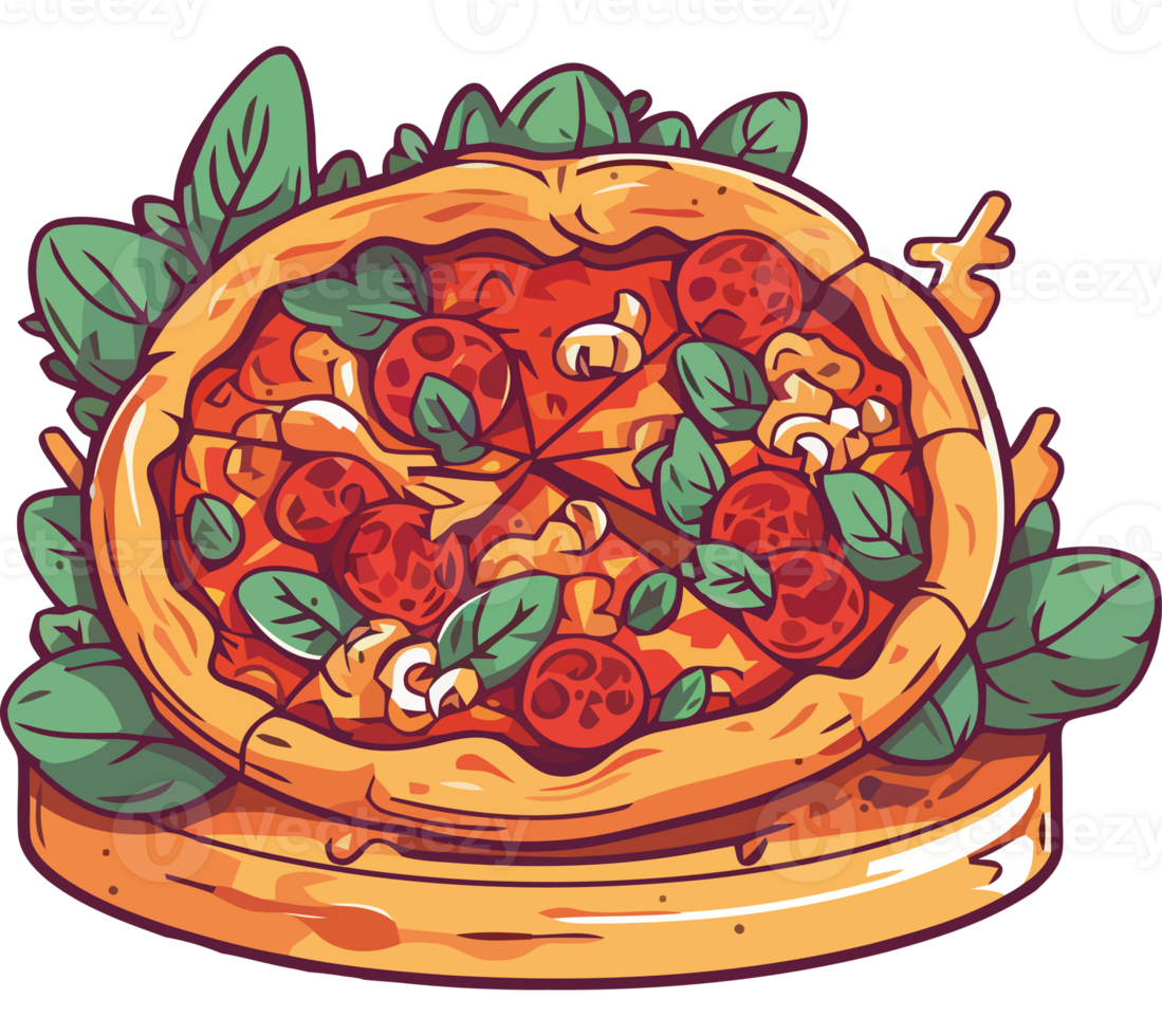A pizza with tomatoes and basil on a wooden plate png