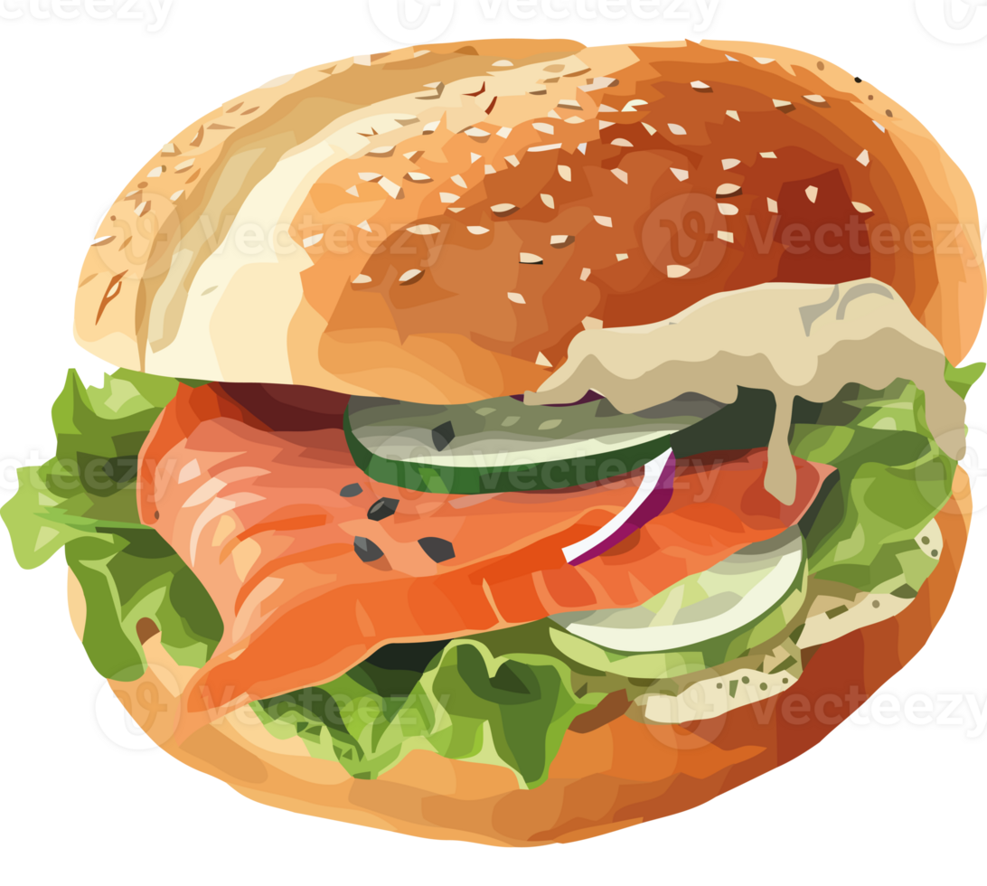 A hamburger with salmon and lettuce png