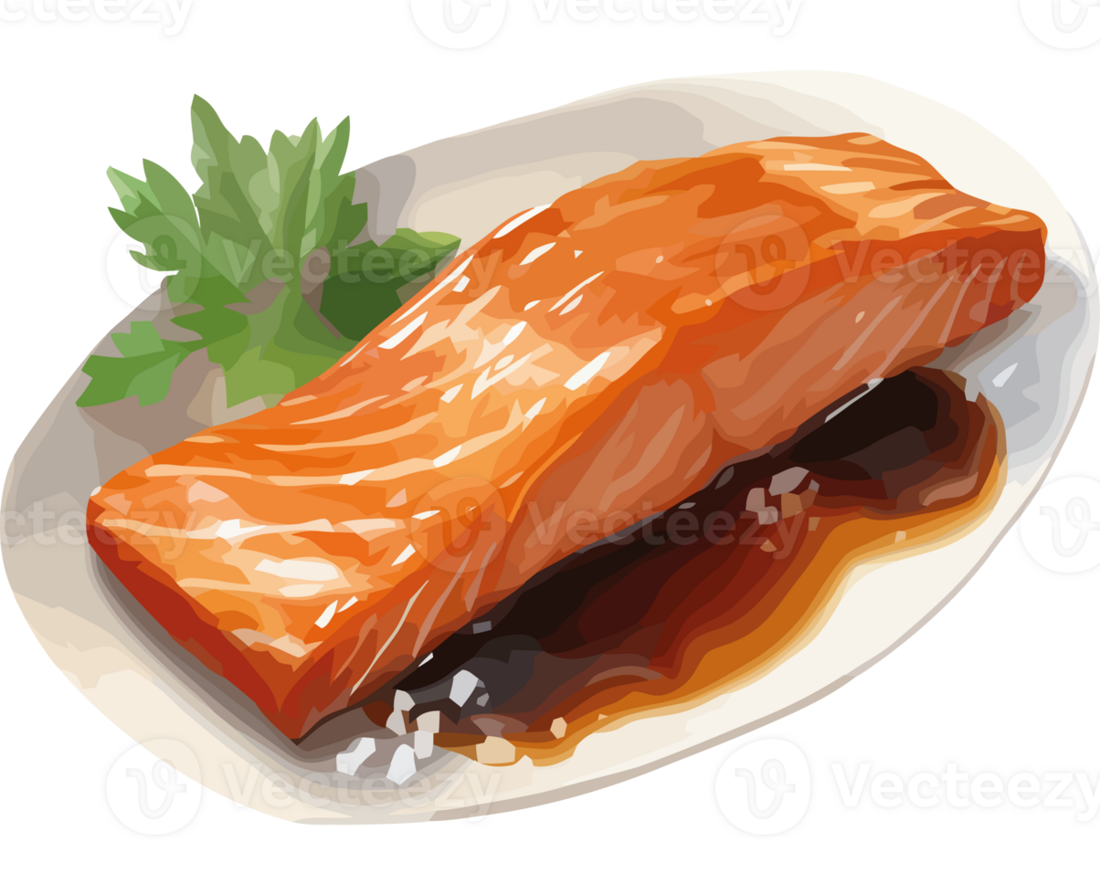 Salmon on a plate with sauce and parsley png