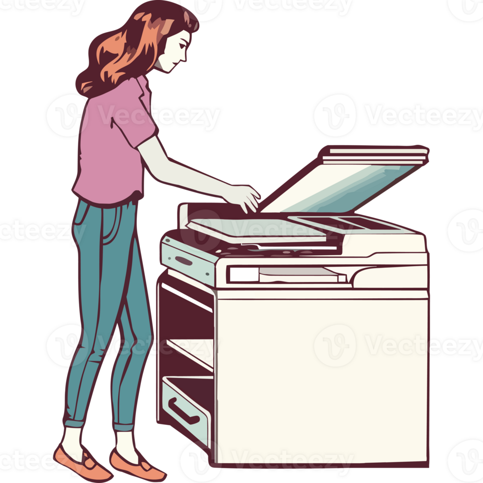 A woman is standing next to a printer png