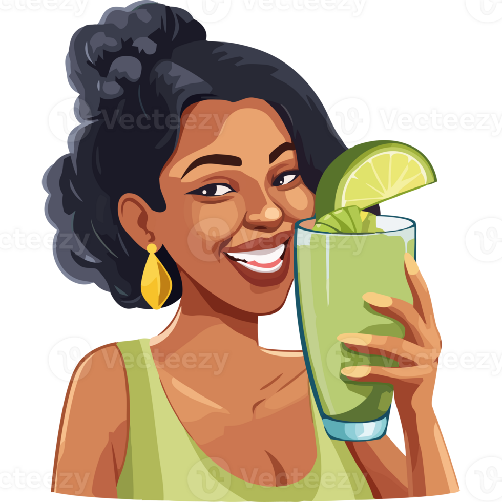 A woman holding a glass of green juice png