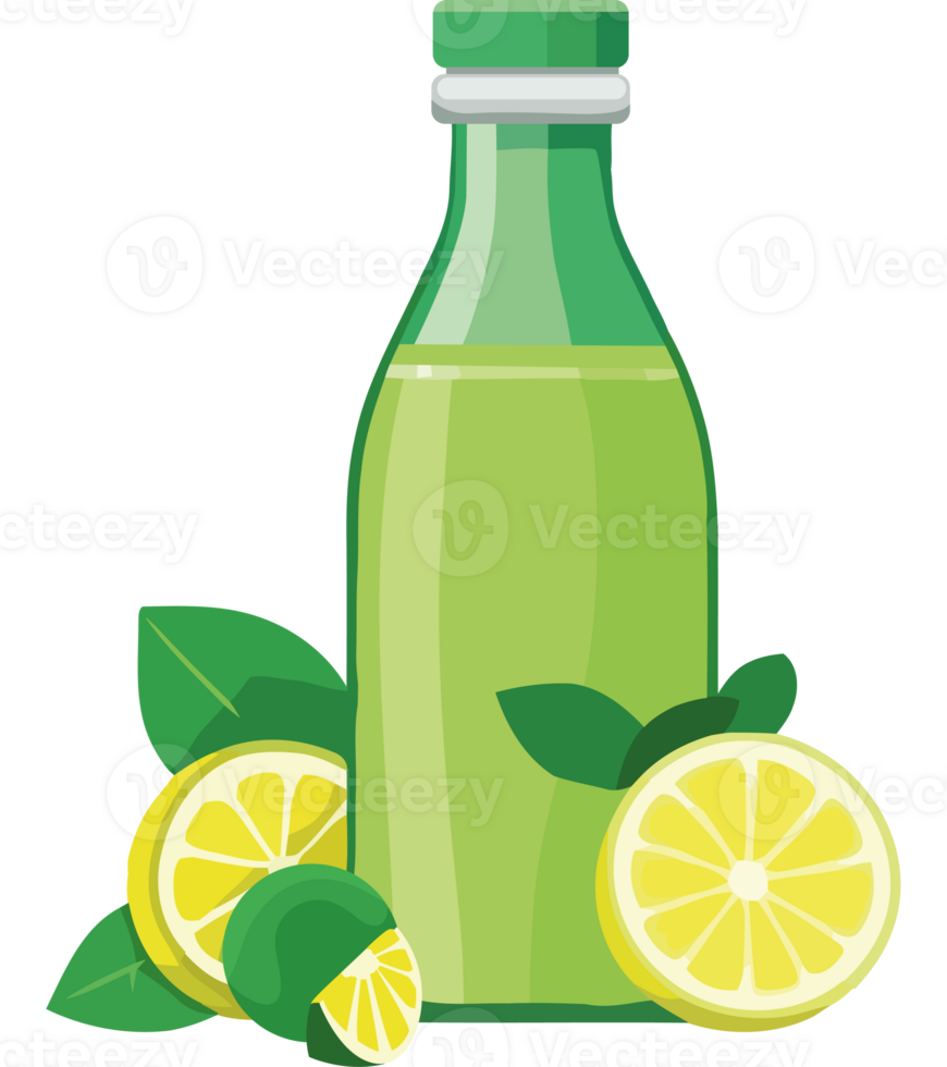 A bottle of lemon juice and slices of lemons png