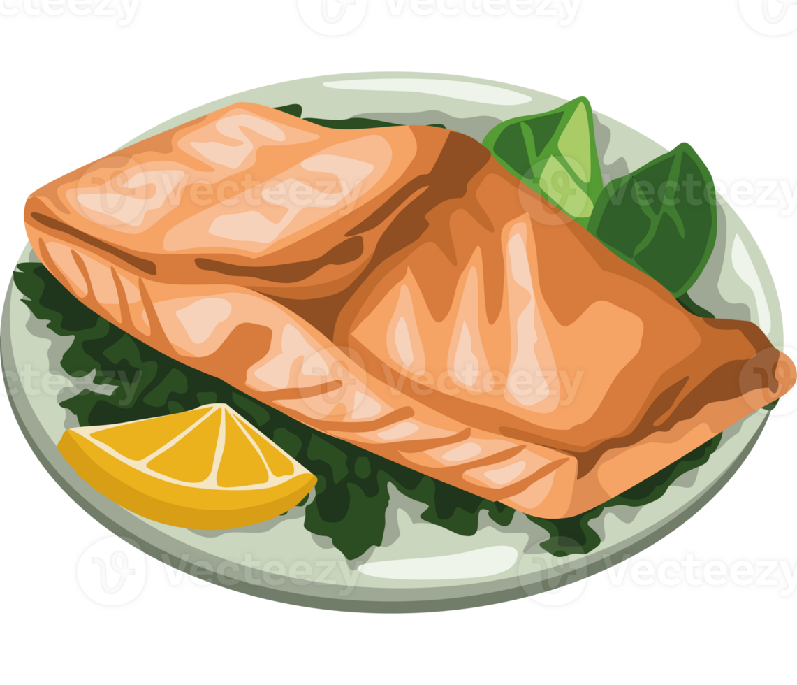 Salmon on a plate with lemon slices and spinach png