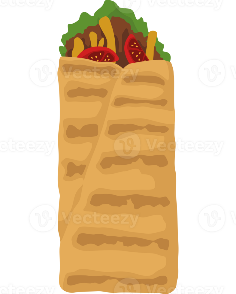 A burrito with meat and vegetables on it png