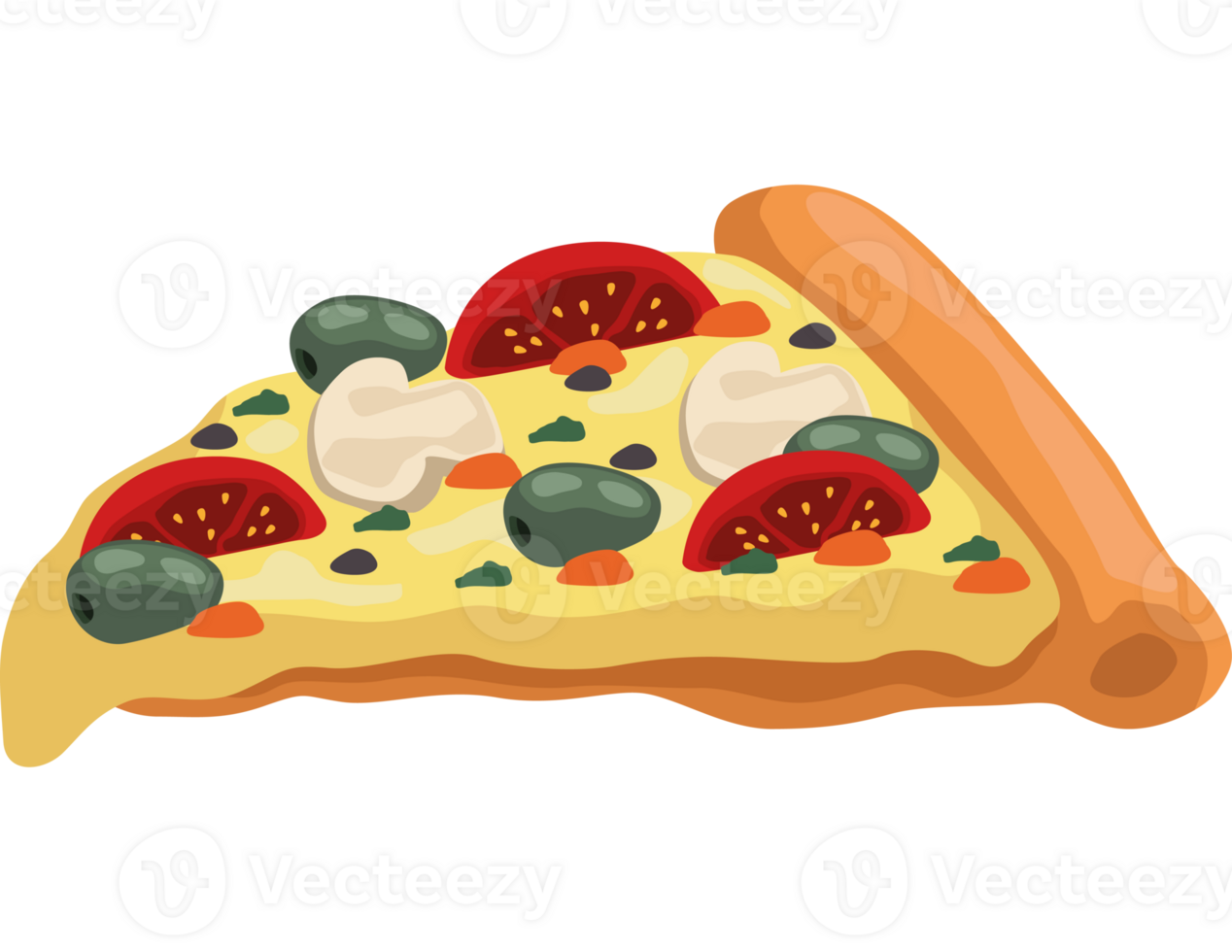 Pizza slice with olives, peppers and cheese png