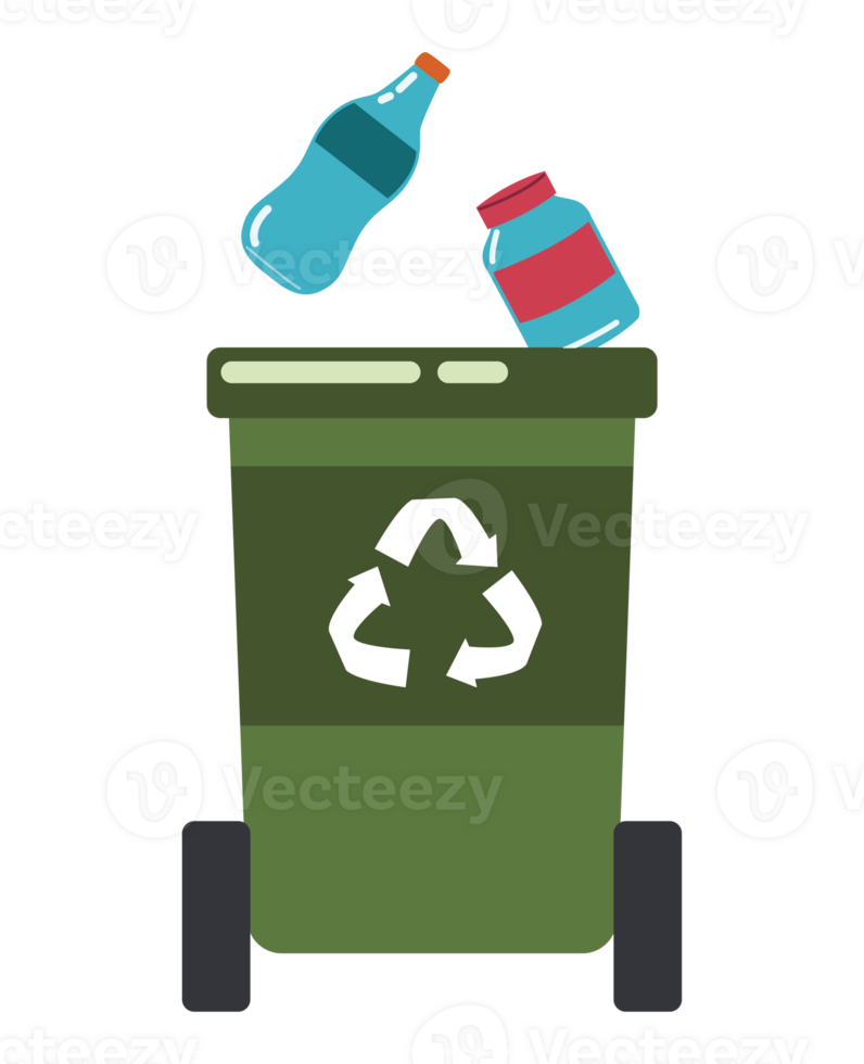 A green trash can with bottles and cans inside png