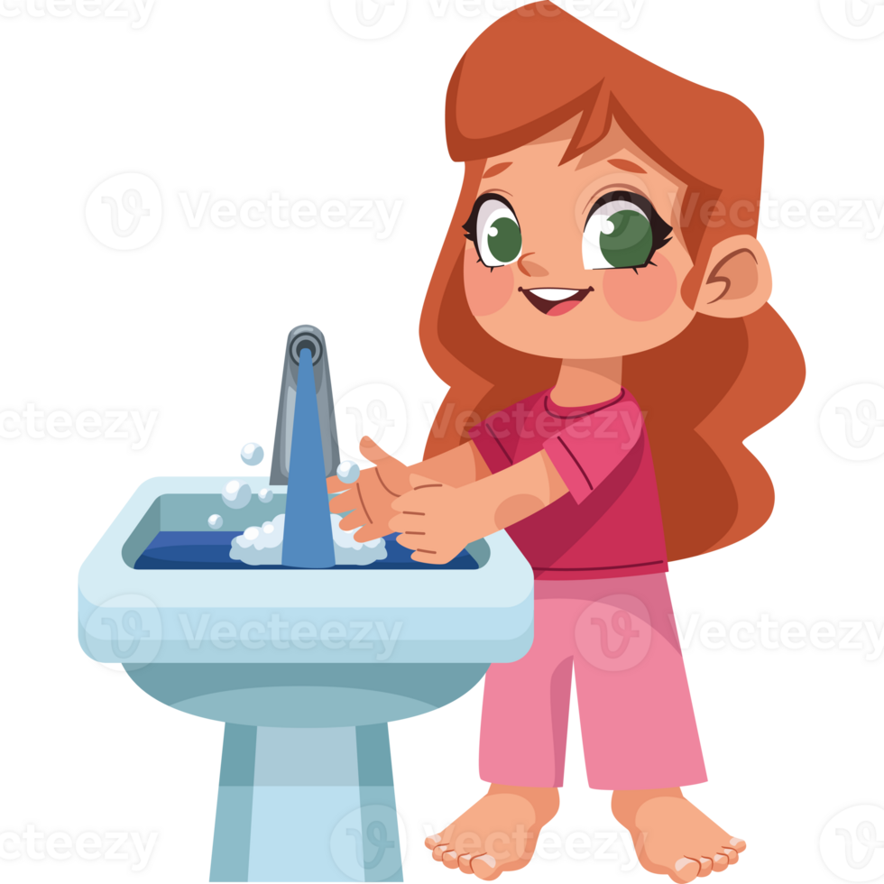A cartoon girl washing her hands in the sink png