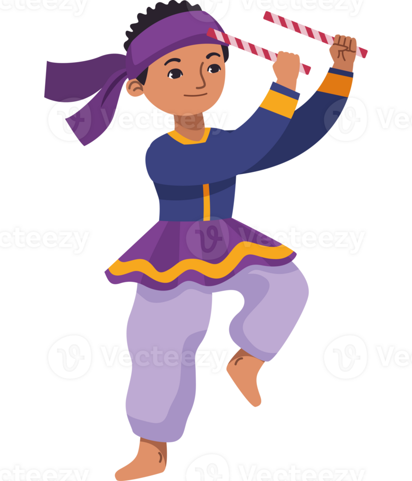 A cartoon boy in purple and blue dancing with a stick png