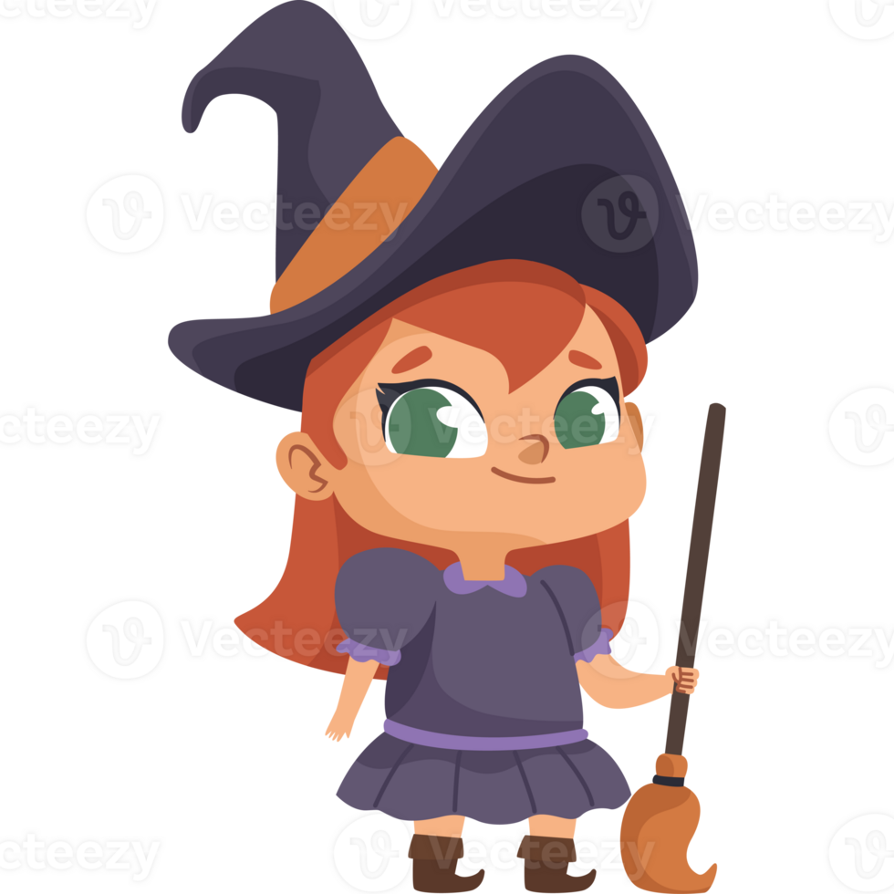 Cartoon witch with broom and hat png