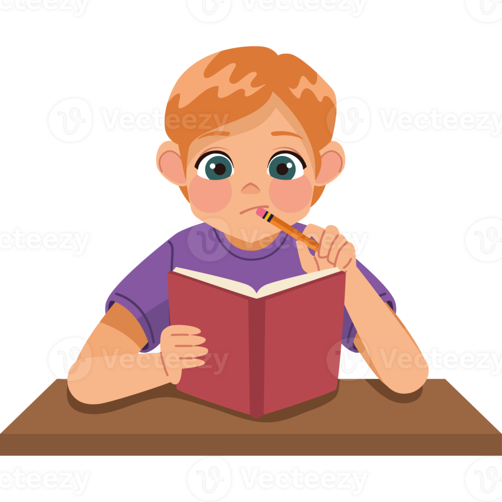 A boy is sitting at a table with a book and pencil png