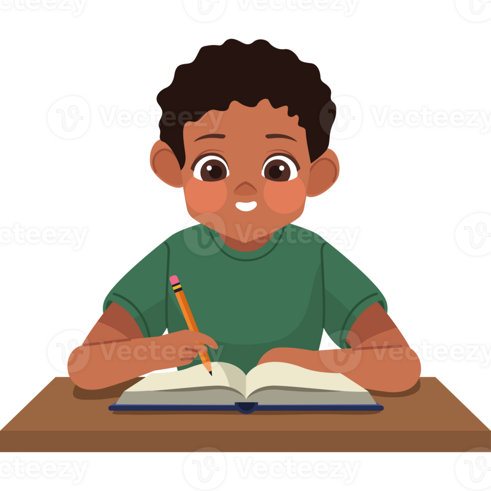 A boy is writing in a book and holding a pencil png