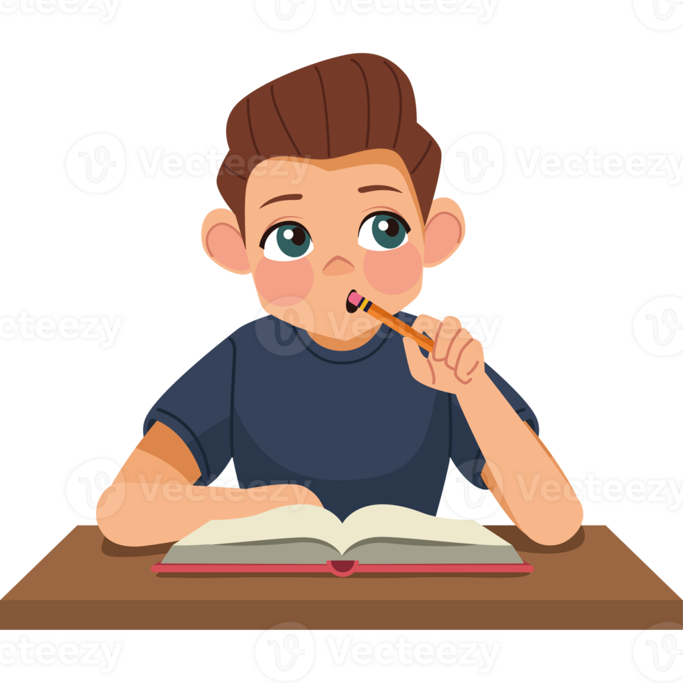 A boy is sitting at a table with a book and a pencil png