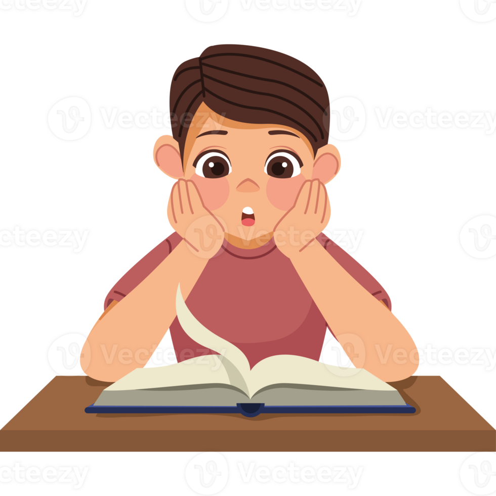 A boy is reading a book and looking surprised png
