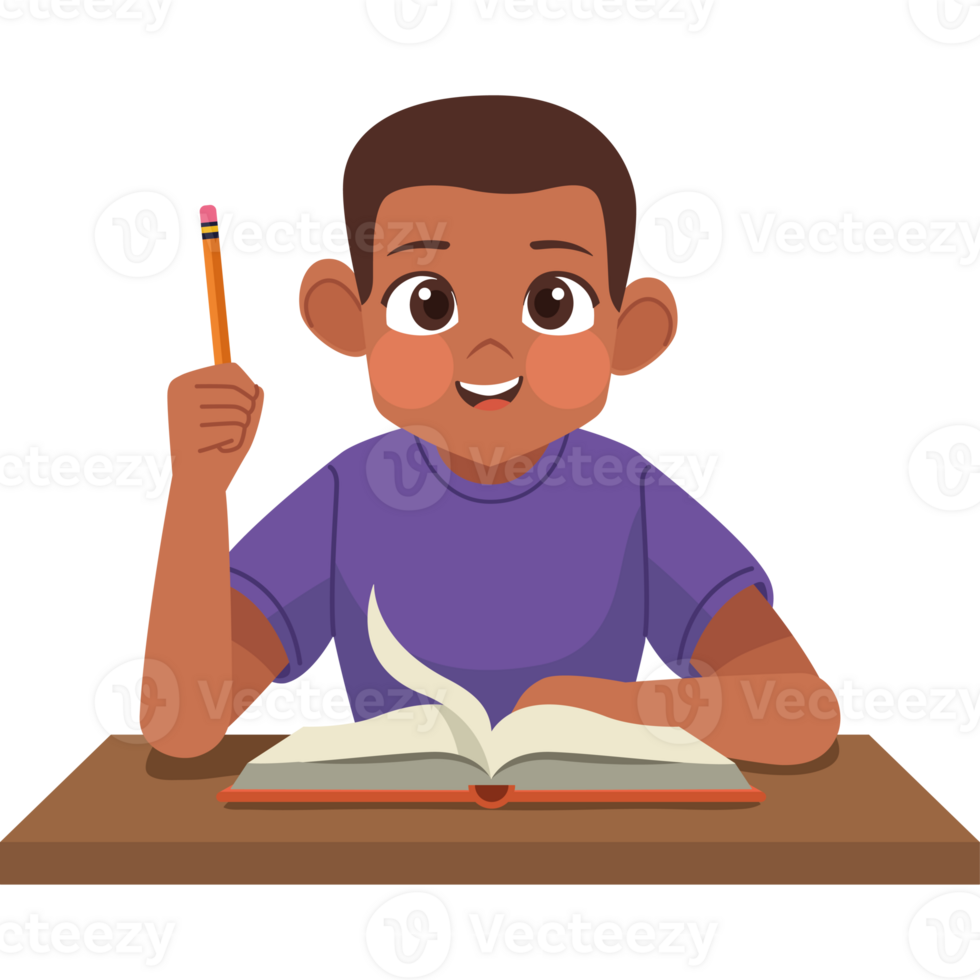 A boy is sitting at a desk with a pencil and book png