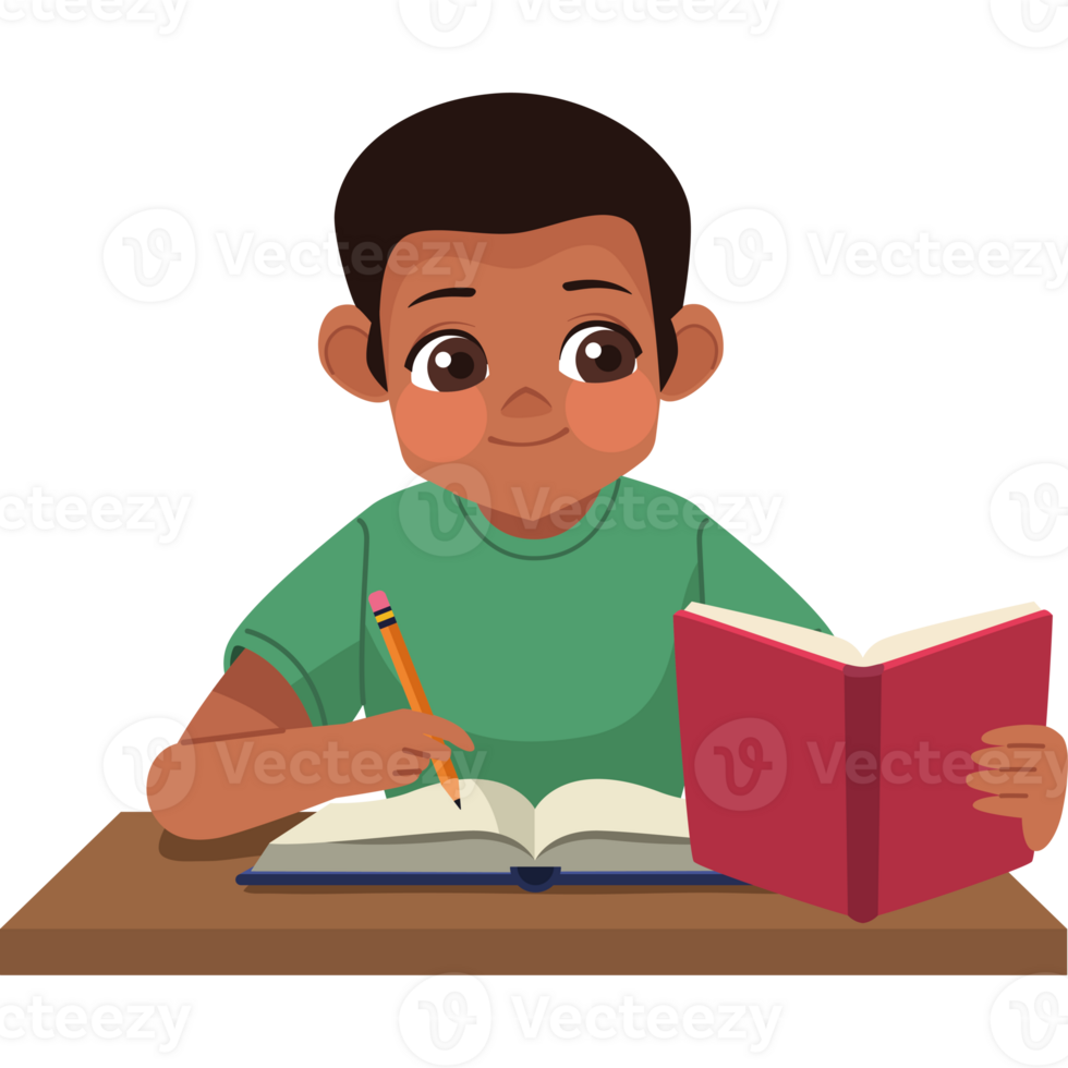 A boy is sitting at a table with a book and pencil png