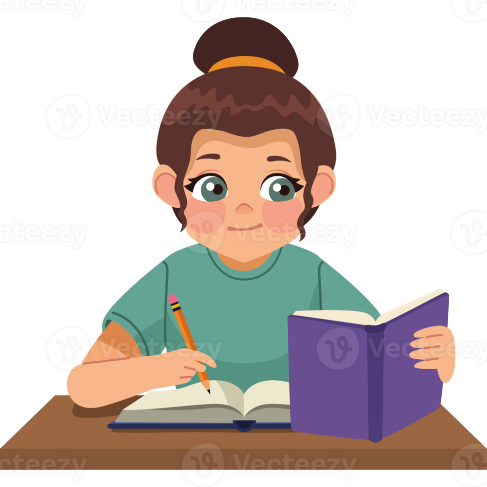 Girl reading book at desk with pencil and notebook png