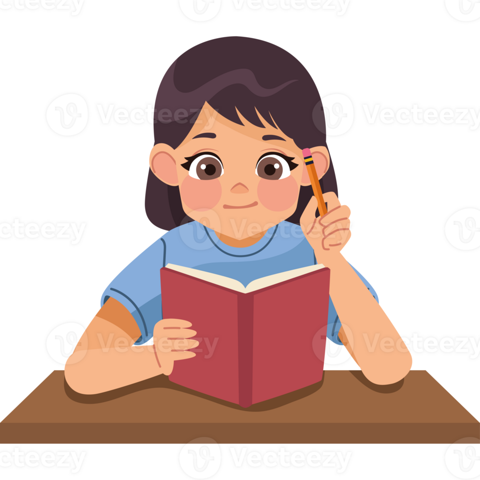 A girl is reading a book and holding a pencil png